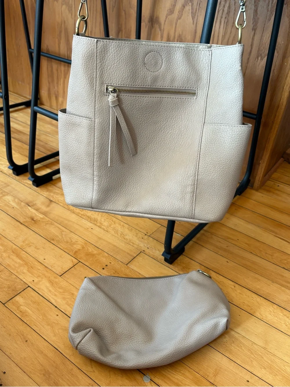 Pebble Leather Taupe Hobo Bag with Removable Pouch